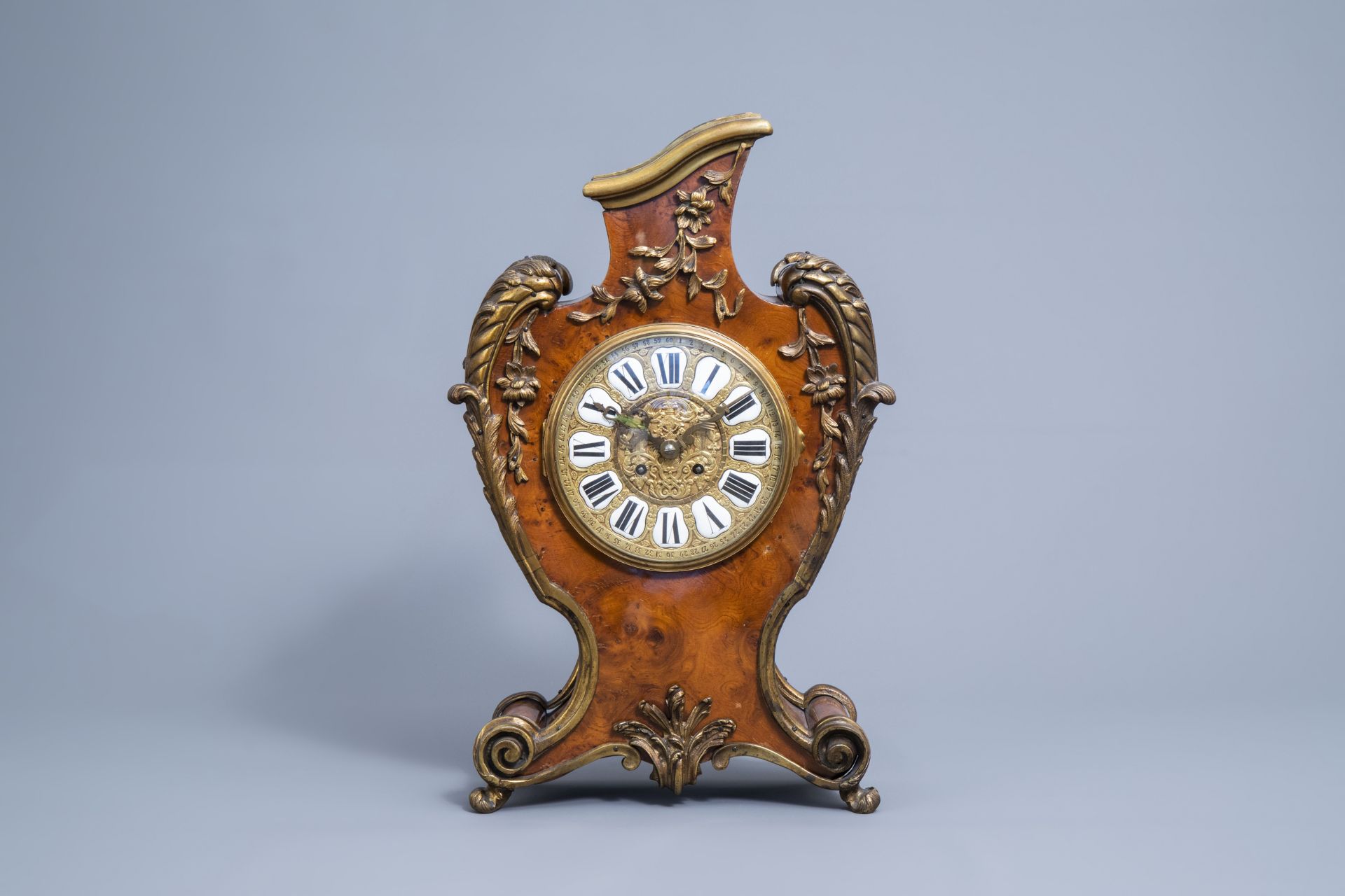 A German burl wood veneered brass mounted Louis XV style cartel clock, , 20th C. - Image 3 of 13