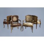 Four French Louis XV style wooden arm chairs with embroidered upholstery, 19th/20th C.