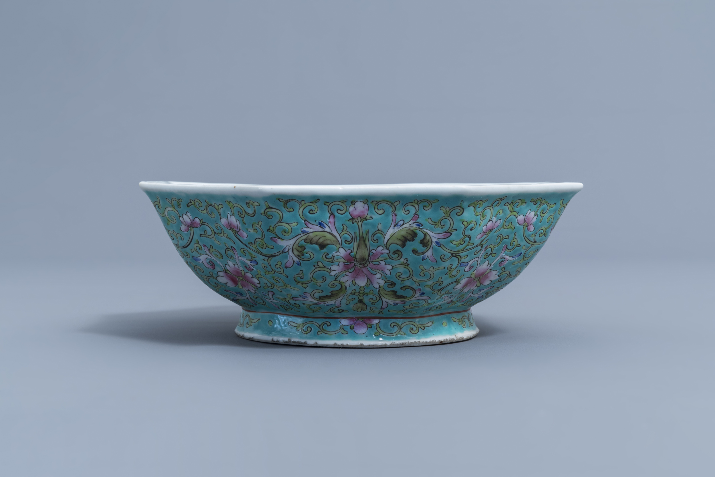 Two Chinese famille rose jardinires and a bowl with floral design, 20th C. - Image 11 of 15