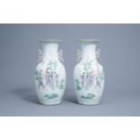 A pair of Chinse famille rose vases with ladies on a terrace, 19th/20th C.