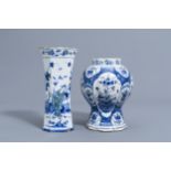 Two polychrome and blue and white Dutch Delft vases, 18th C.