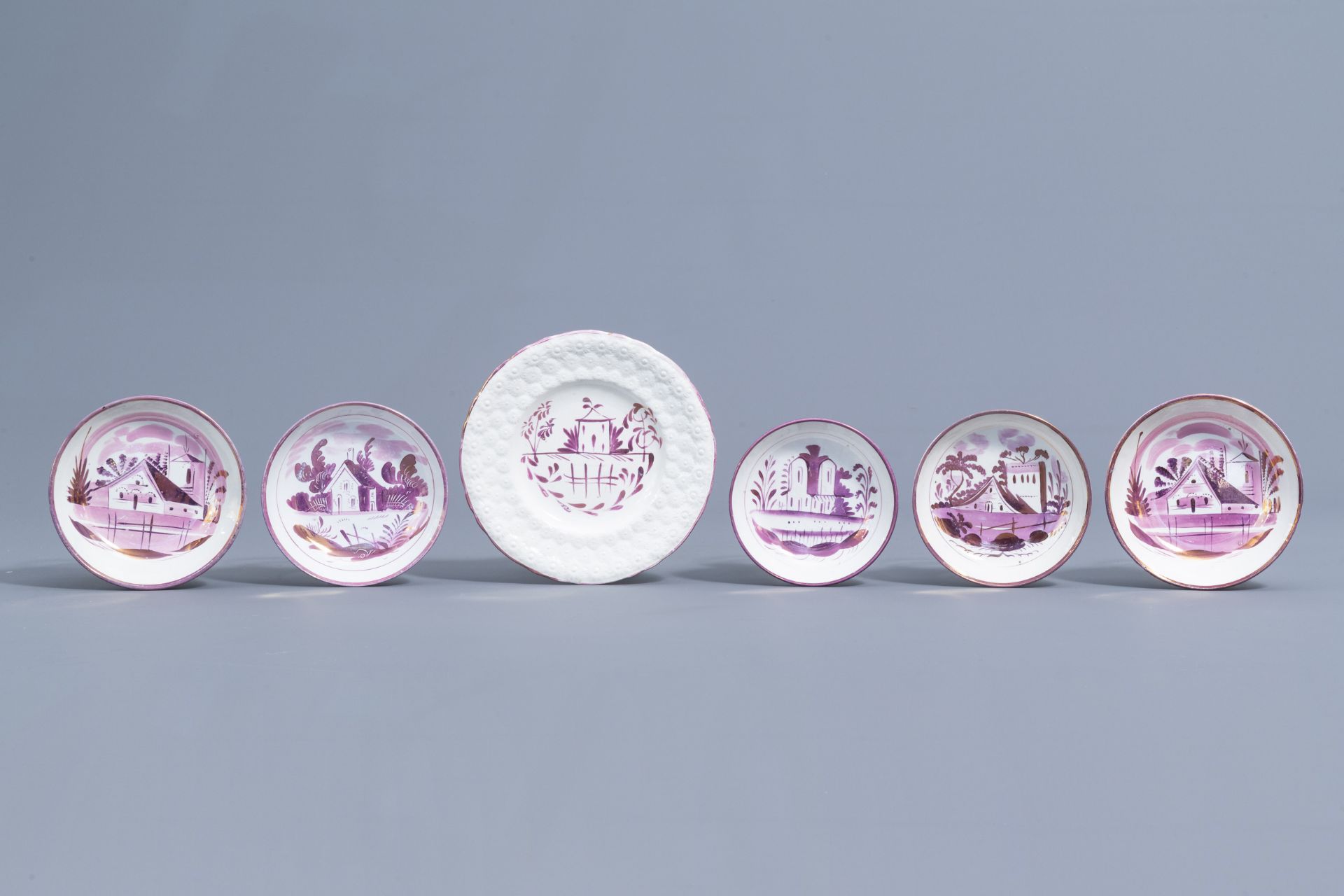 A varied collection of English pink lustreware items with a cottage in a landscape, 19th C. - Bild 4 aus 50