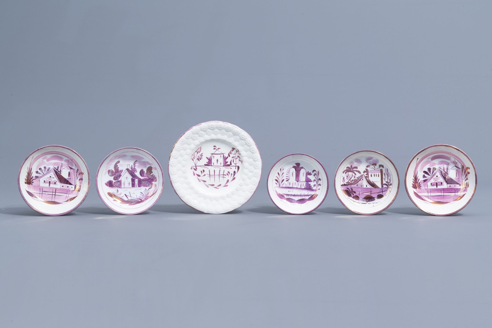 A varied collection of English pink lustreware items with a cottage in a landscape, 19th C. - Image 4 of 50