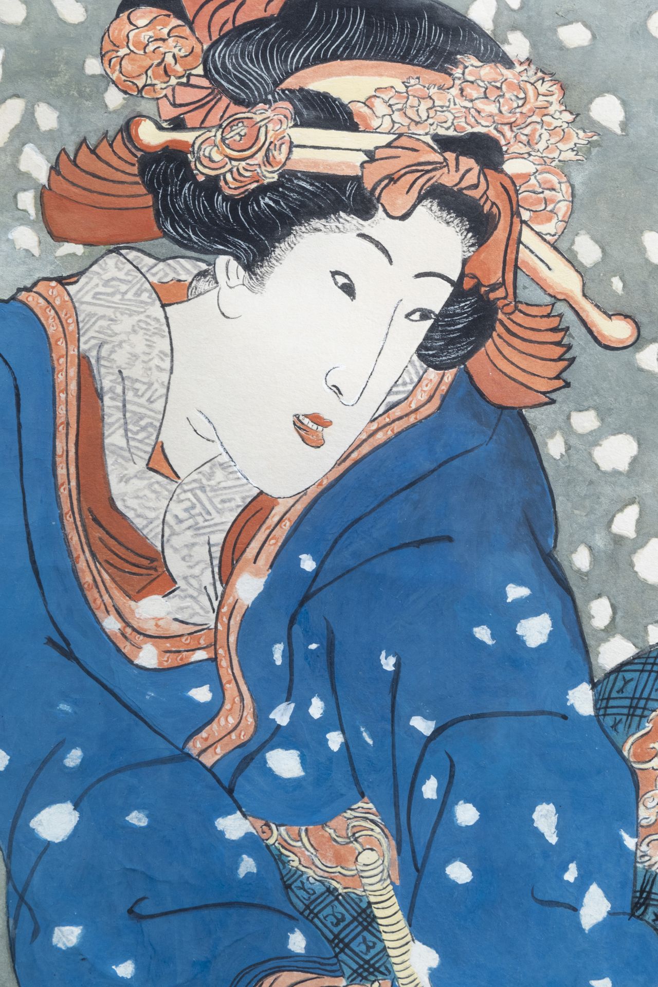 Two Japanese Ukiyo-e woodblock prints and a painting on paper, 19th/20th C. - Image 6 of 9