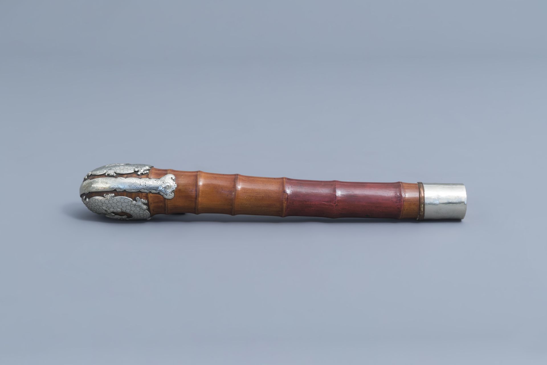 A Chinese bamboo silver and copper mounted opium pipe, 19th C. - Image 5 of 7