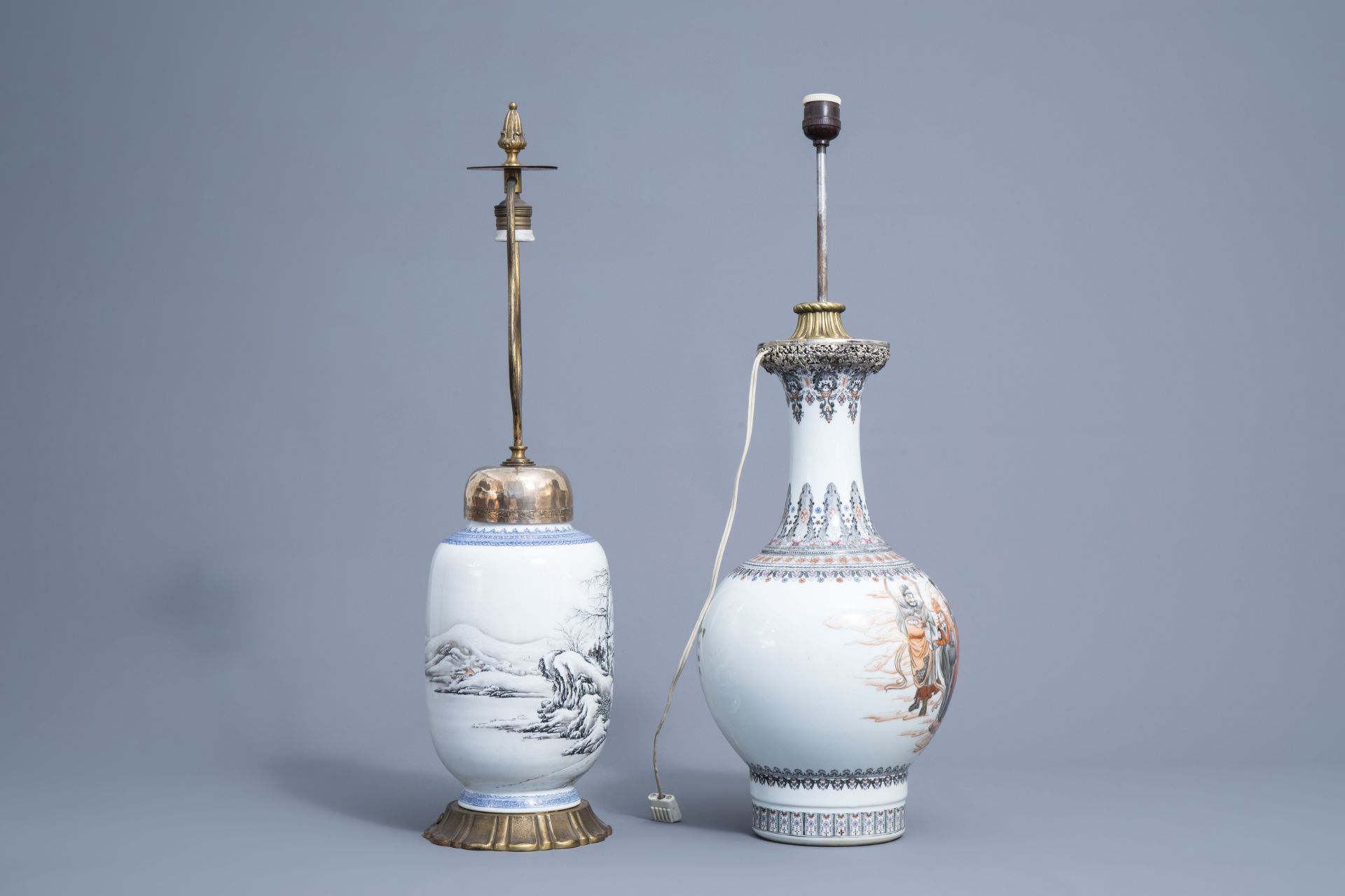 Two Chinese vases with immortals and a winter landscape mounted as lamps, 20th C. - Image 2 of 6