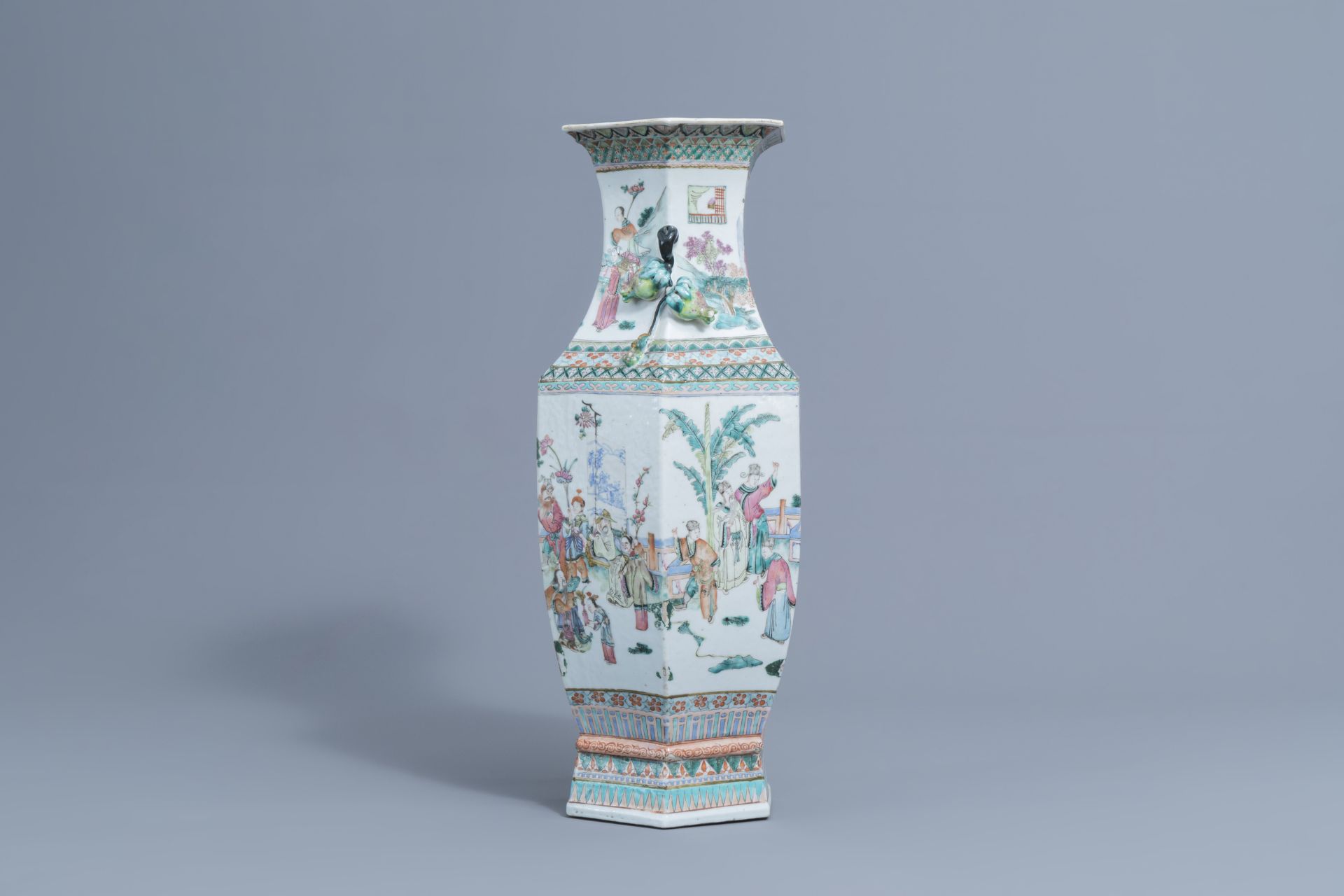 A Chinese hexagonal famille rose vase with figurative design, 19th C. - Image 4 of 6