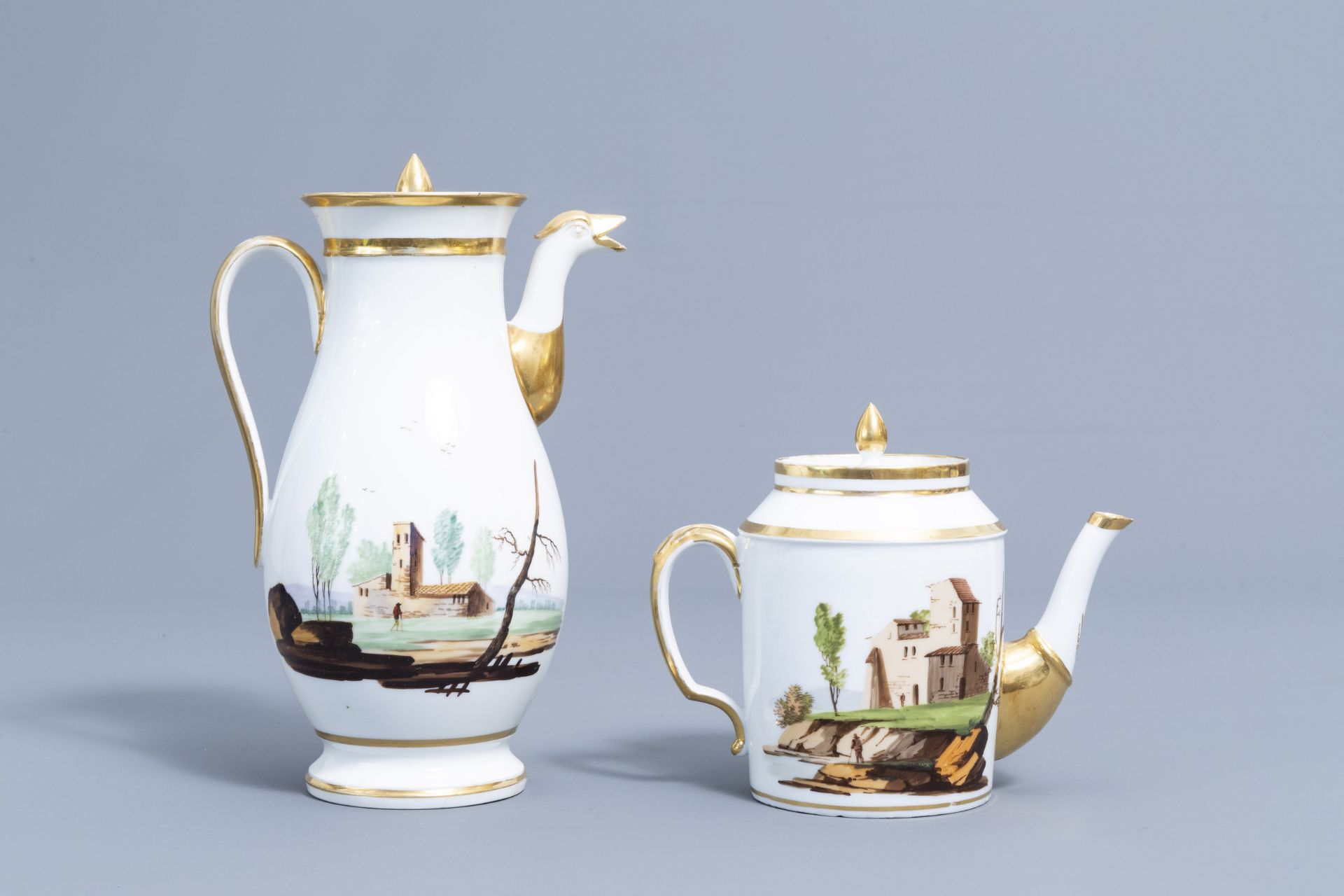 A 21-piece Paris polychrome and gilt porcelain coffee and tea service with landscapes, 19th C. - Image 3 of 46