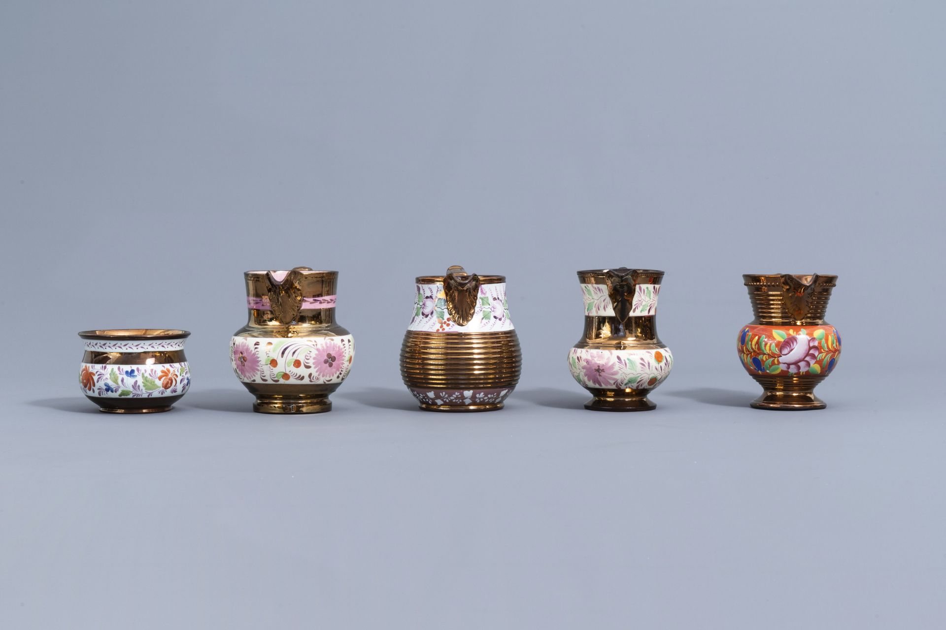 A varied collection of English lustreware items with polychrome floral design, 19th C. - Image 14 of 64