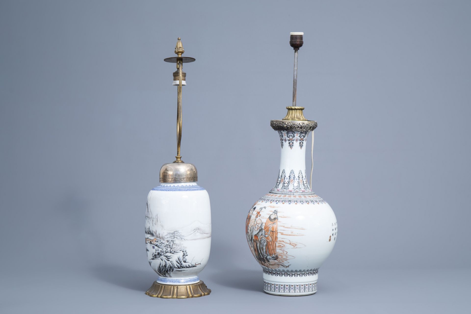 Two Chinese vases with immortals and a winter landscape mounted as lamps, 20th C. - Image 4 of 6