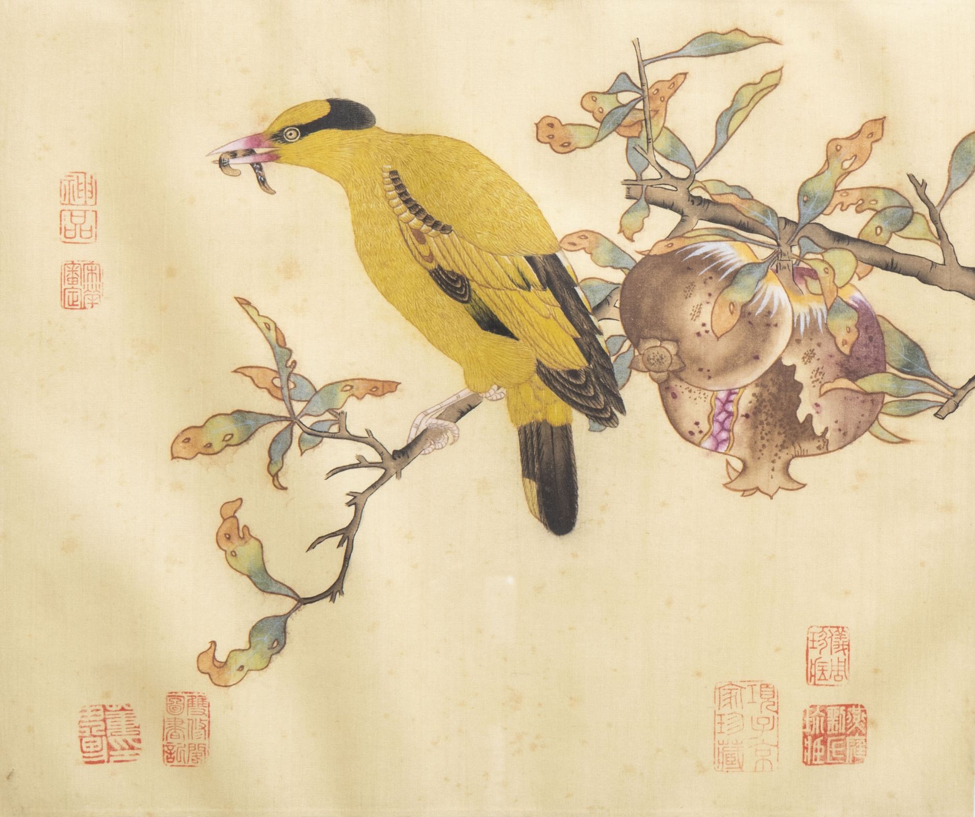 Chinese school, ink and colours on silk, 19th/20th C.: Ten paintings of birds between blossoms - Image 18 of 62