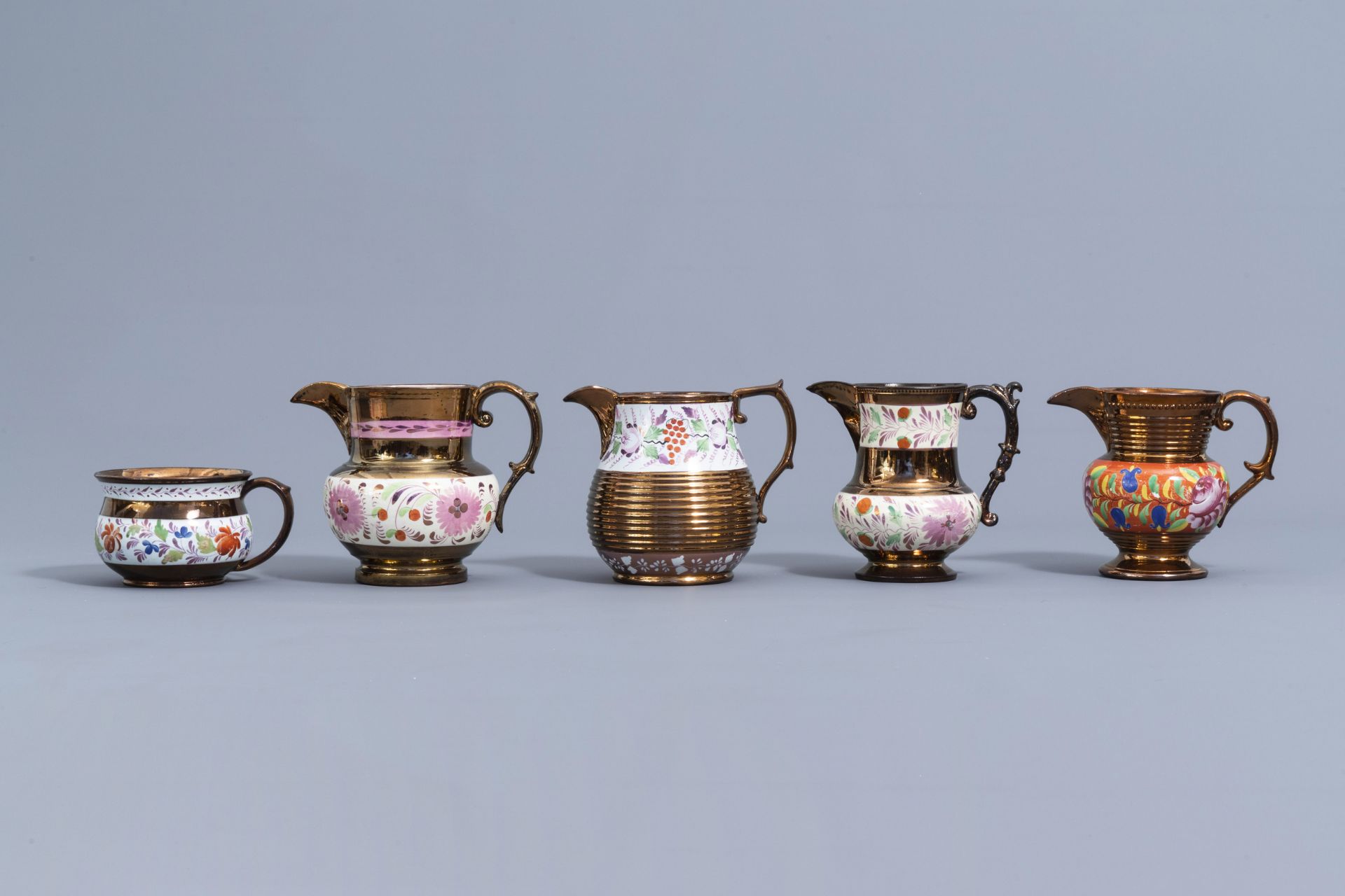 A varied collection of English lustreware items with polychrome floral design, 19th C. - Image 12 of 64