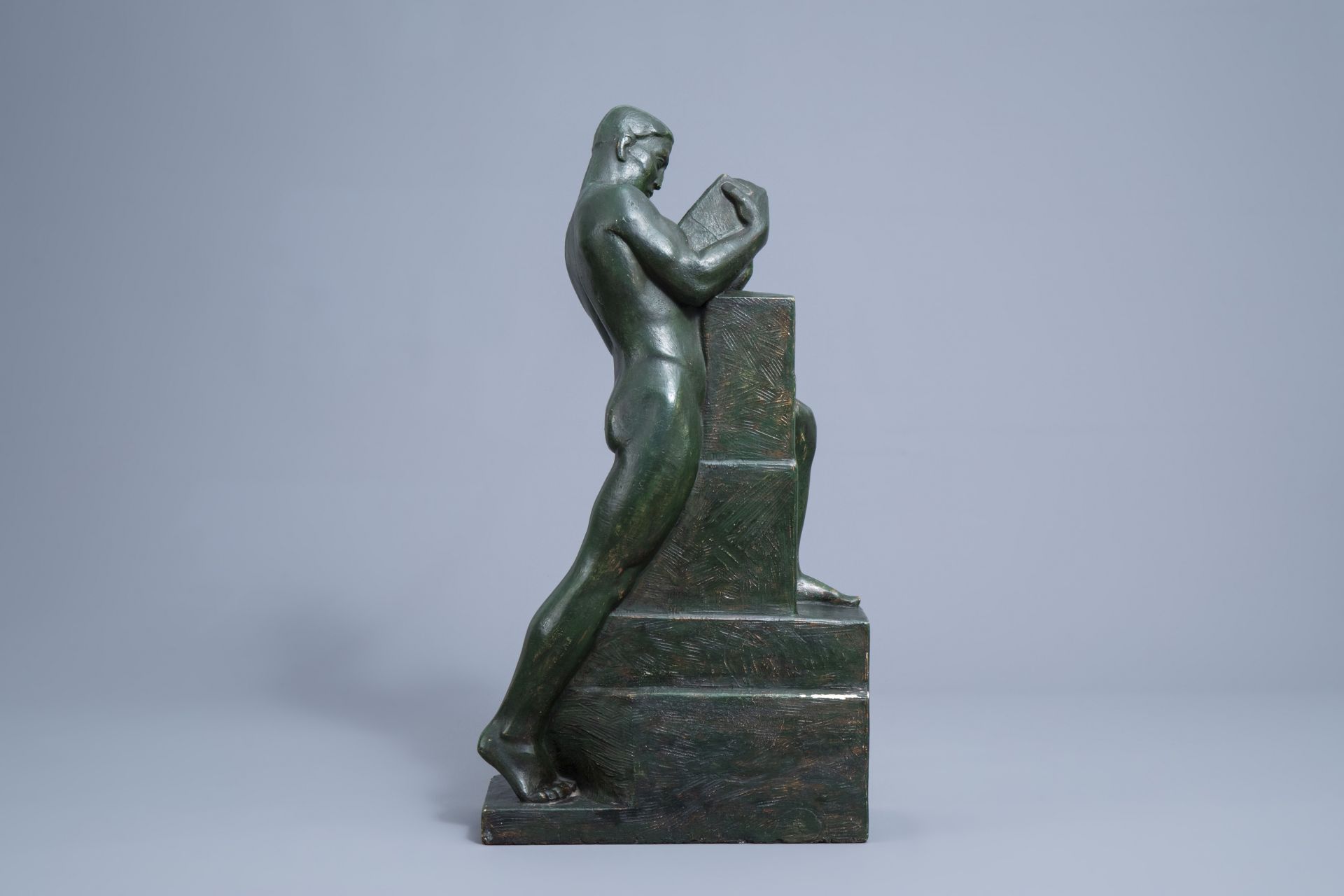 Gustave Van den Meersche (1891-1970): The constructor, green patinated plaster, dated 1938 - Image 2 of 8