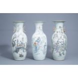 Three various Chinese famille rose vases with ladies, 19th/20th C.