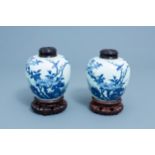 A pair of Chinese blue and white ginger jars with birds, probably Transitional period