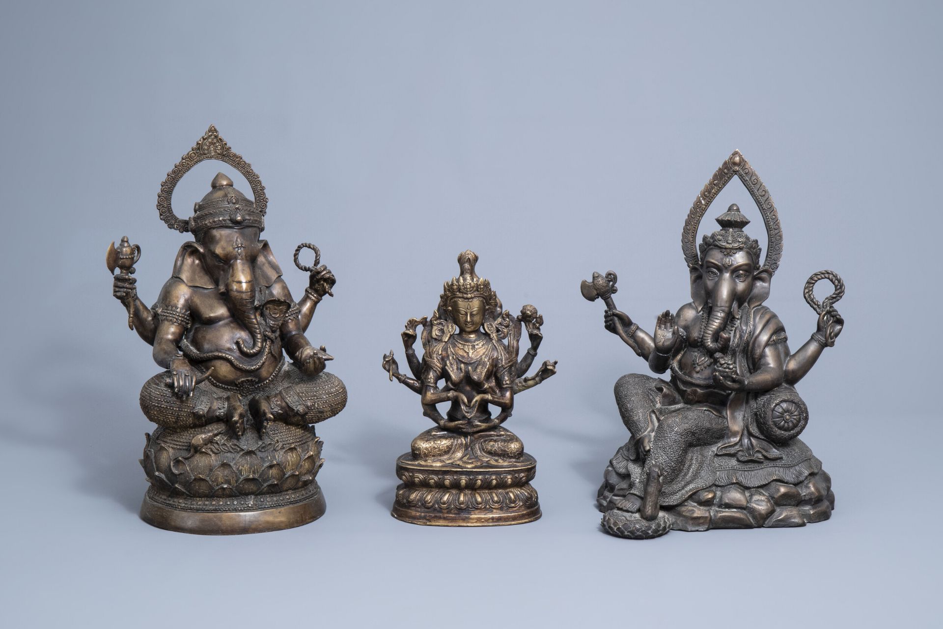 Three large Indian bronze figures depicting Ganesha and Shiva, 20th C.