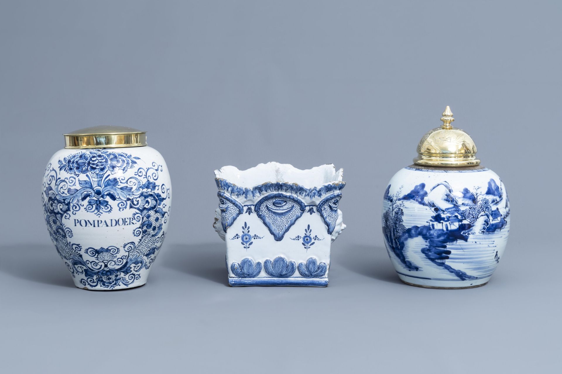 A Dutch Delft blue and white tobacco jar, a French jardinire and a Chinese ginger jar, 18th C. - Image 2 of 38
