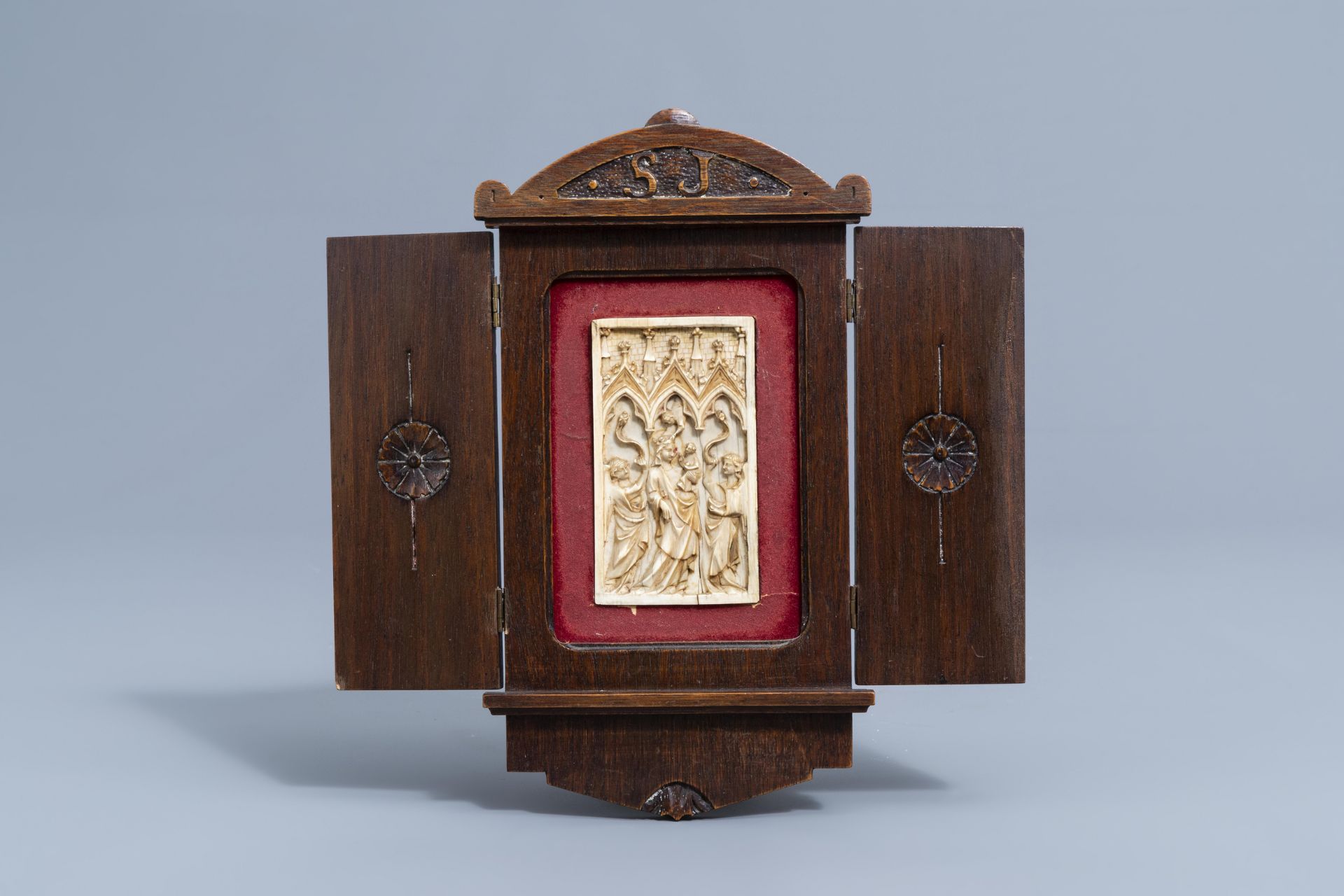 A French Gothic Revival carved ivory panel with the Coronation of the Virgin, 19th C. - Image 2 of 4