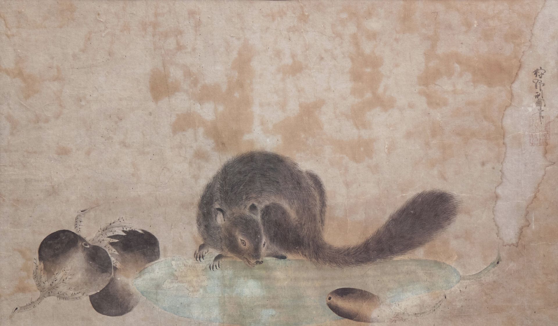 Japanese school, ink and colours on paper, Meiji, 19th C.: A squirrel with vegetables