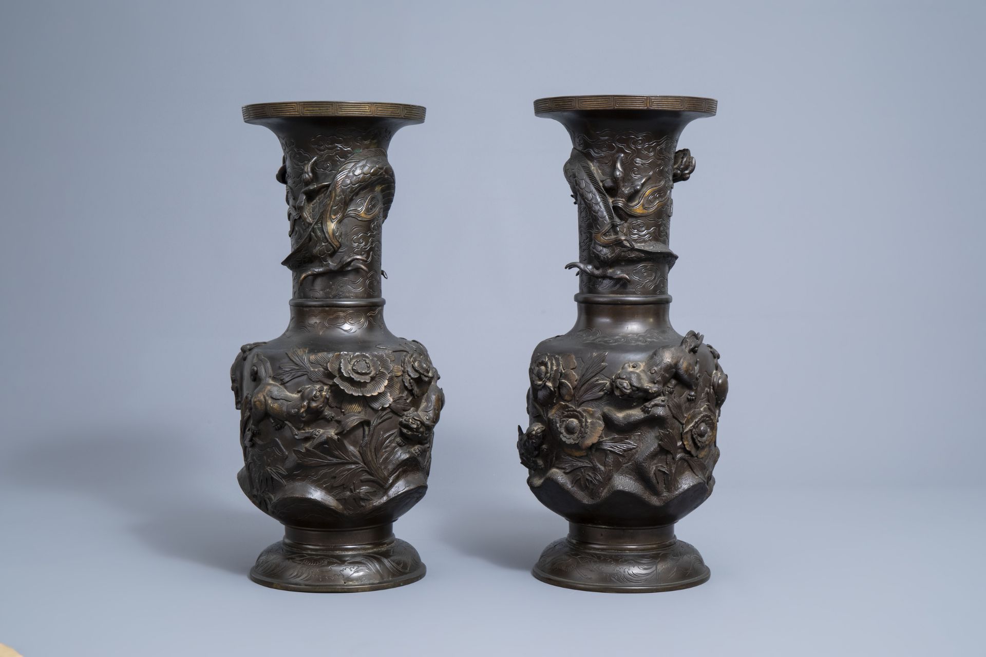 A pair of impressive Japanese partly gilt bronze vases with Gagneau mounts, Meiji, 19th C. - Image 13 of 40
