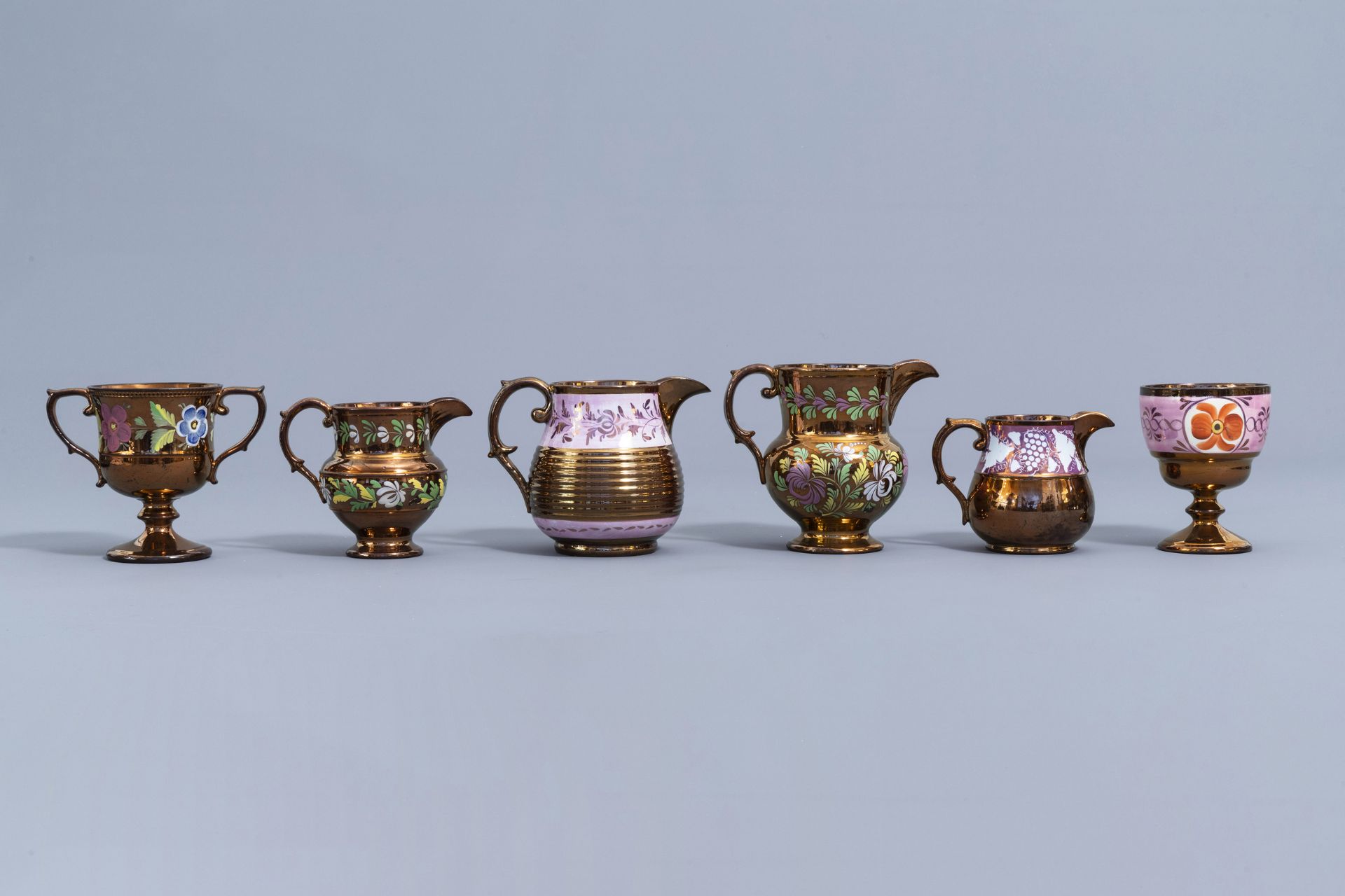 A varied collection of English lustreware items with polychrome floral design, 19th C. - Image 31 of 64