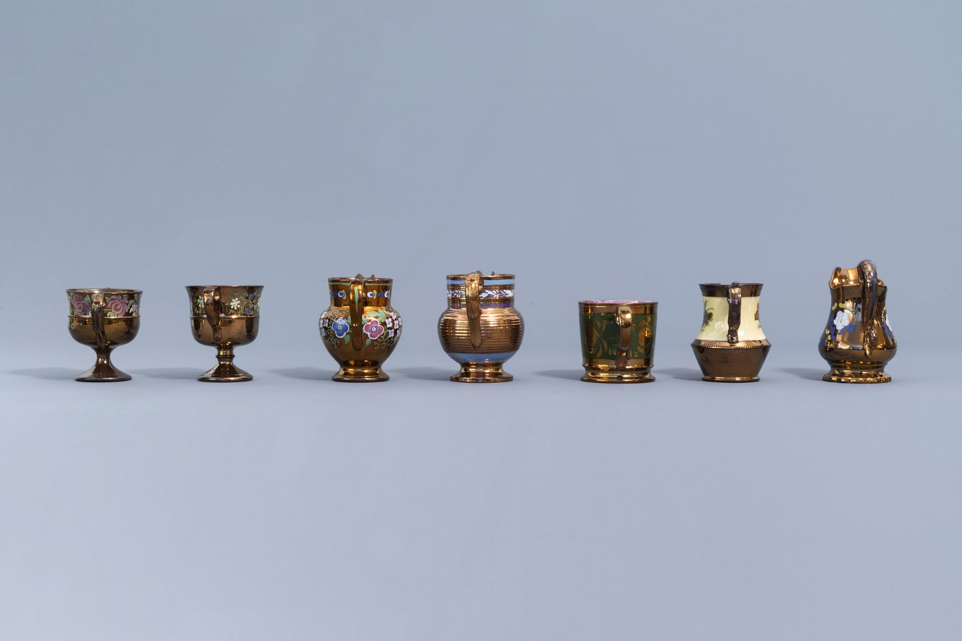 A varied collection of English lustreware items with polychrome floral design, 19th C. - Image 30 of 50