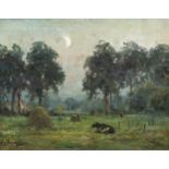 Auguste Breugelmans (19th/20th C.): A landscape with cattle and a hay stack, oil on canvas