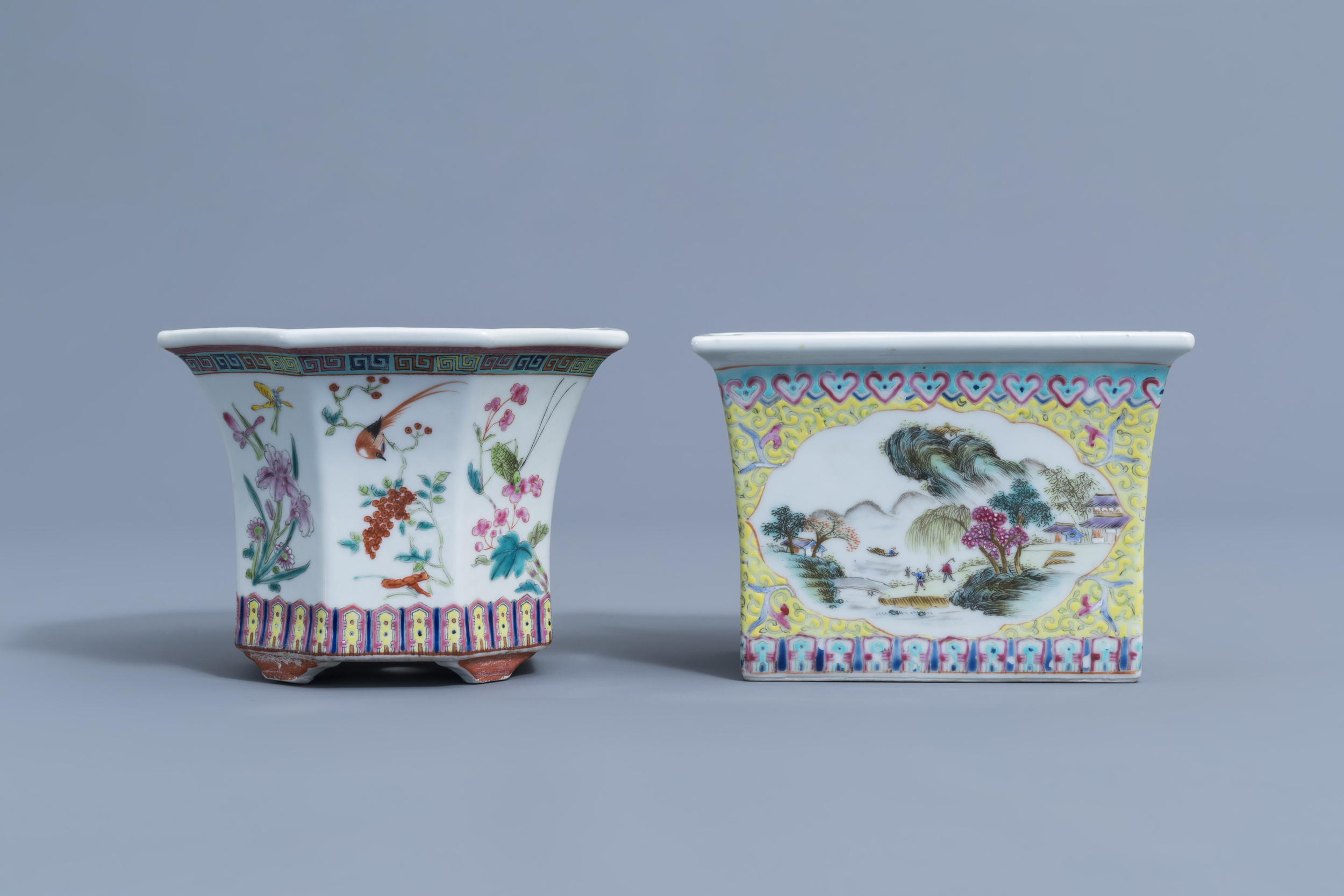 Two Chinese famille rose jardinires and a bowl with floral design, 20th C. - Image 2 of 15