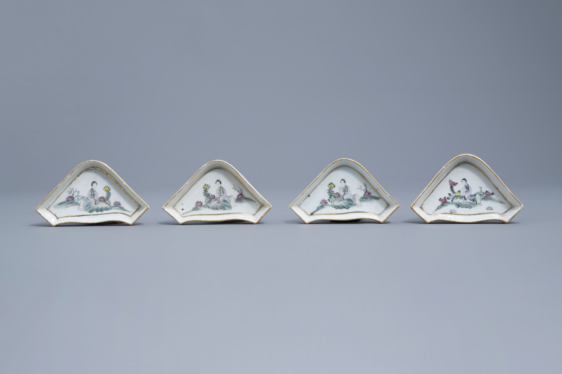 A Chinese famille rose sweetmeat or rice table set with ladies in a flower landscape, 19th/20th C. - Image 19 of 24