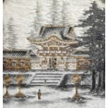 A Japanese silk embroidery with a temple in a lacquered and carved wooden frame, Meiji, 19th C.