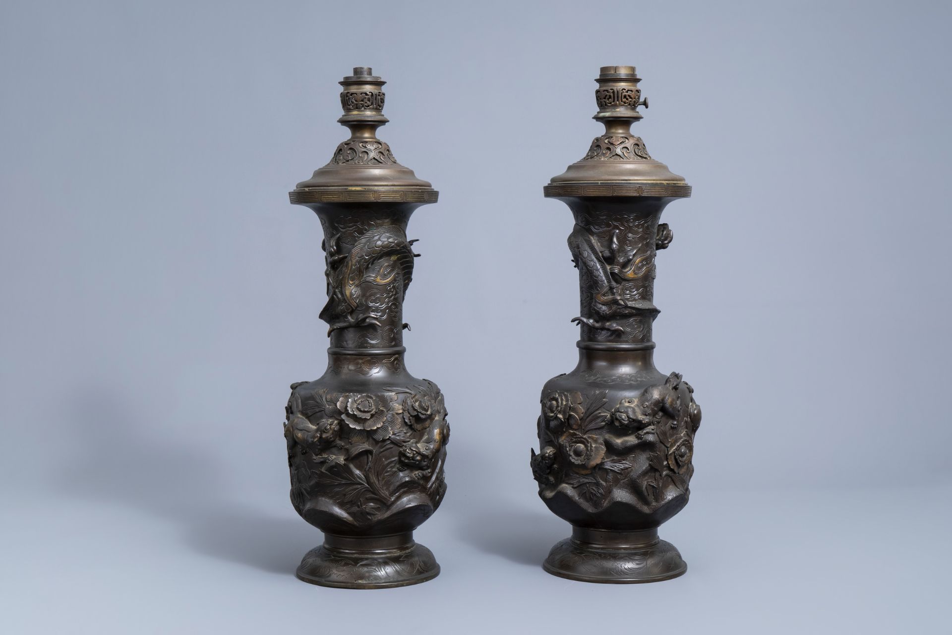 A pair of impressive Japanese partly gilt bronze vases with Gagneau mounts, Meiji, 19th C. - Image 5 of 40