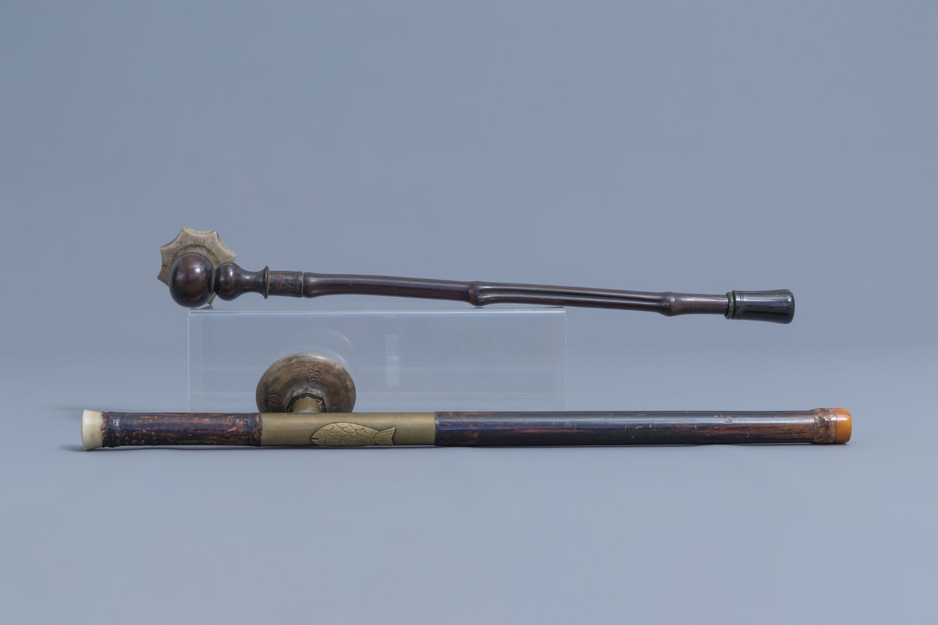 Two Chinese bamboo opium pipes finished with brass, jade, ivory and stoneware, ca. 1900 - Image 5 of 18