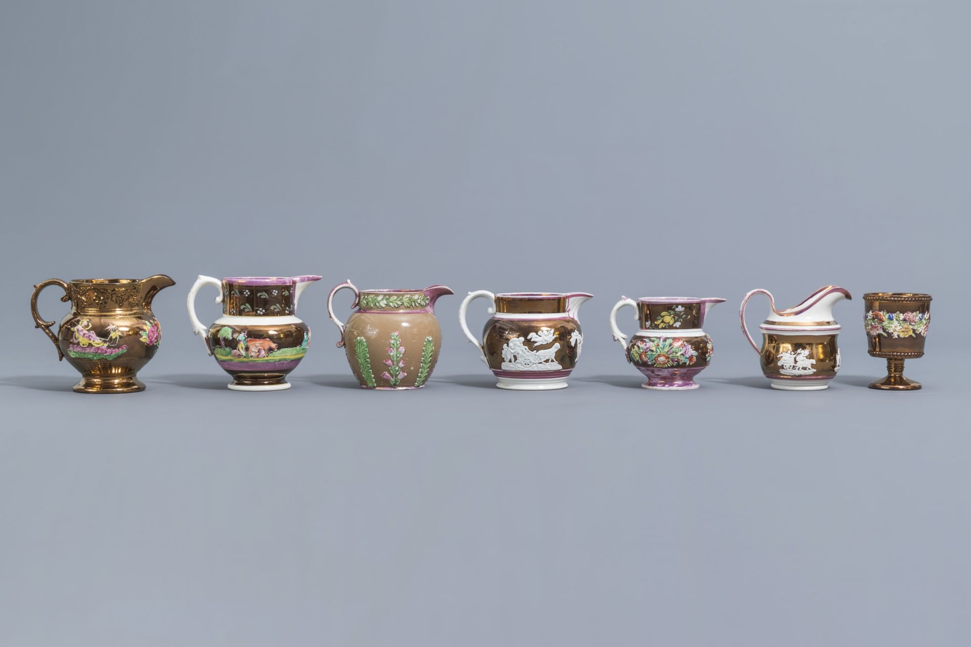 A varied collection of English lustreware items with relief design, 19th C. - Image 28 of 50