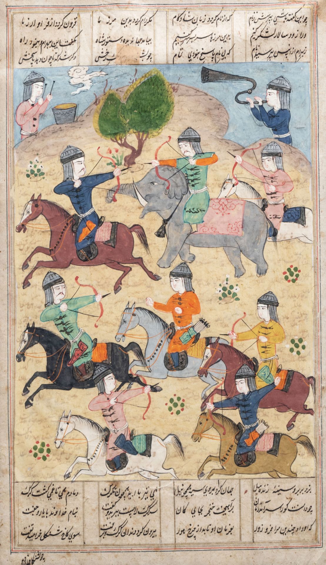 Six large Persian miniature paintings depicting hunting, tournament and war, Iran, 19th/20th C. - Image 10 of 10