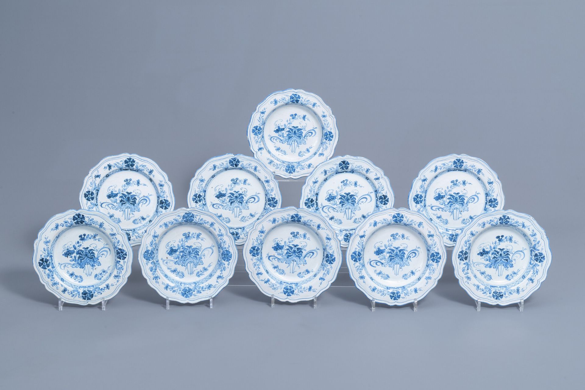 Six Italian blue and white deep plates and four flat plates, Ferniani, Milan, 18th C.