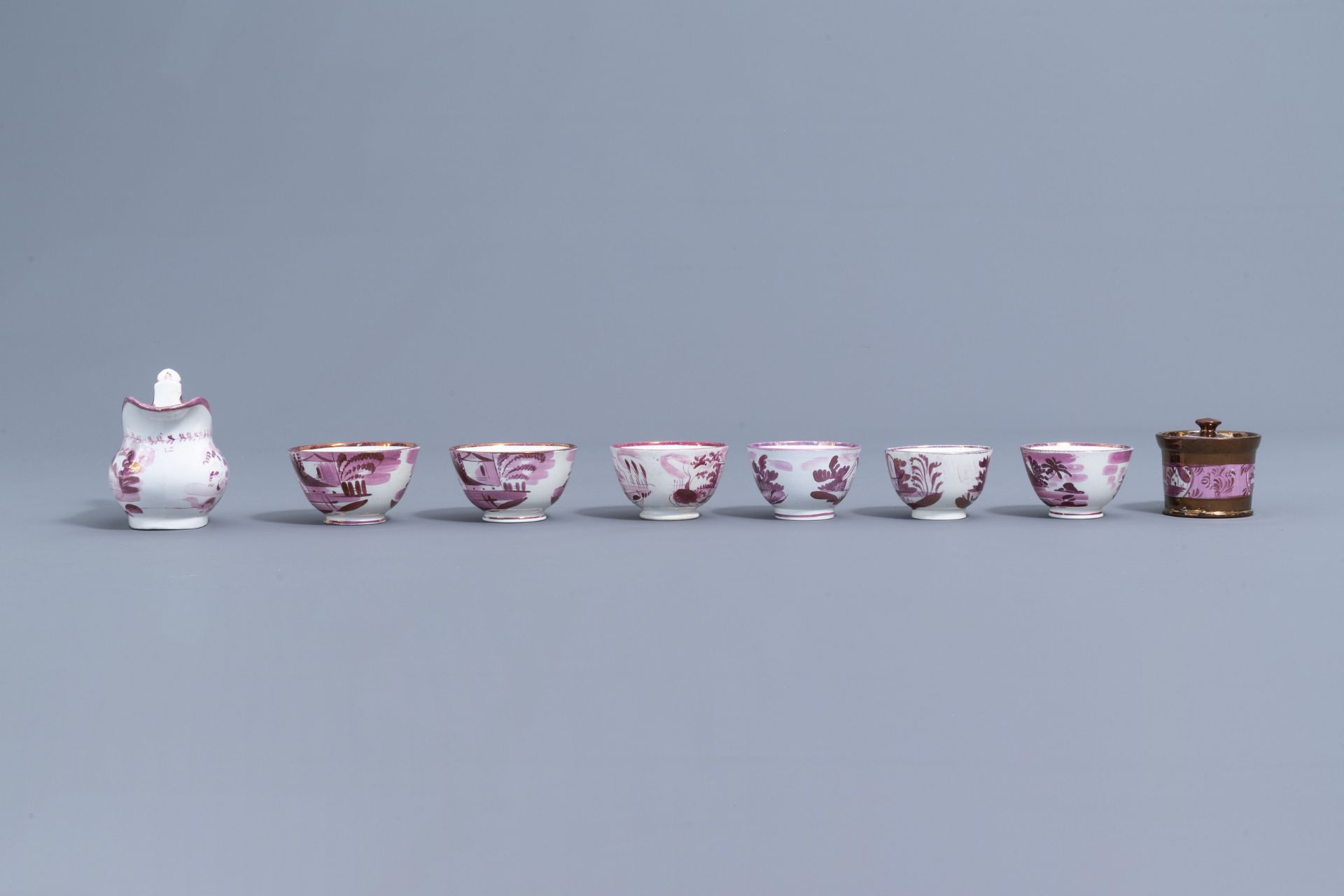 A varied collection of English pink lustreware items with a cottage in a landscape, 19th C. - Image 29 of 50