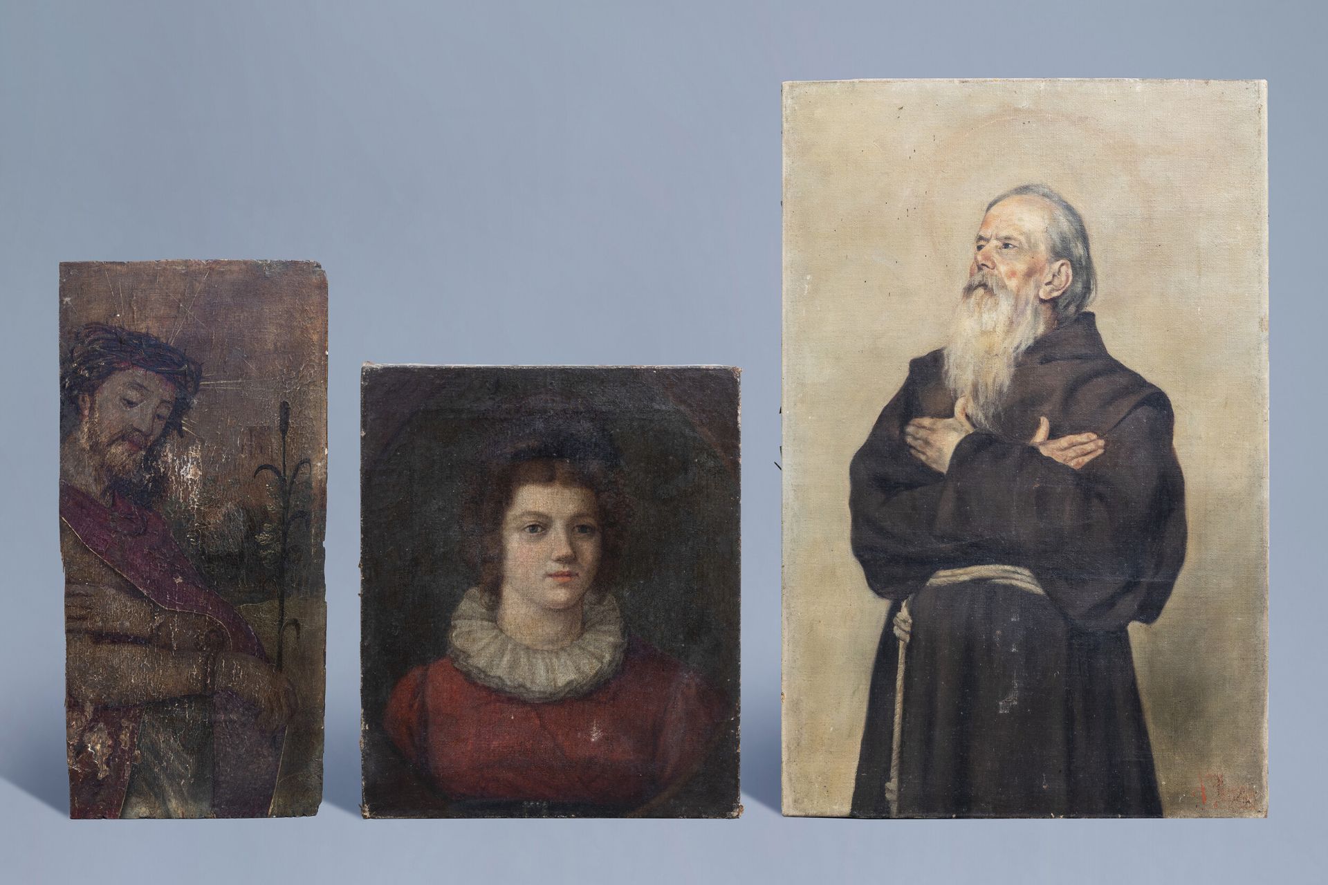 Flemish and Italian school: Three various works, oil on canvas and panel, 17th and 19th C.