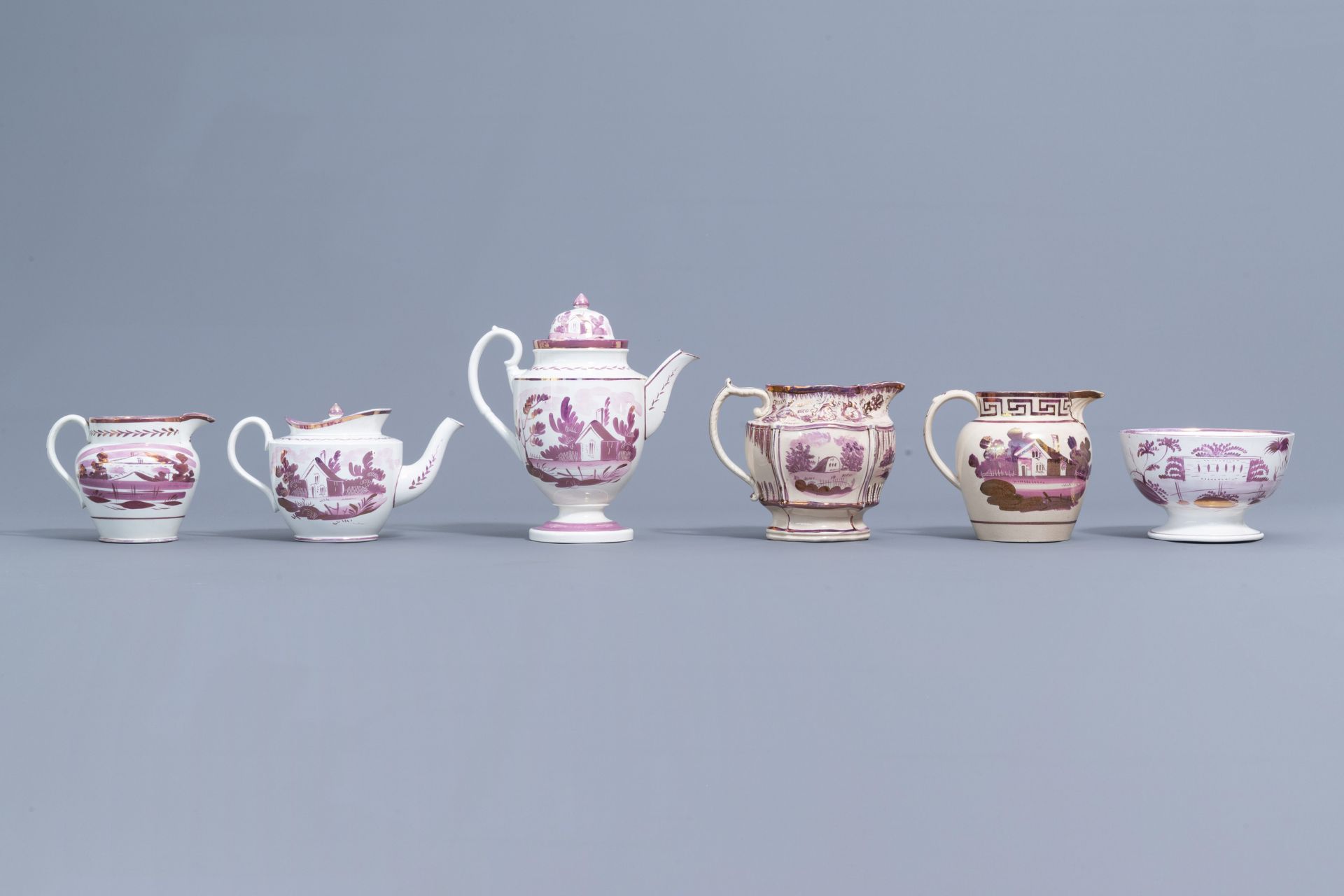 A varied collection of English pink lustreware items with a cottage in a landscape, 19th C. - Image 36 of 50