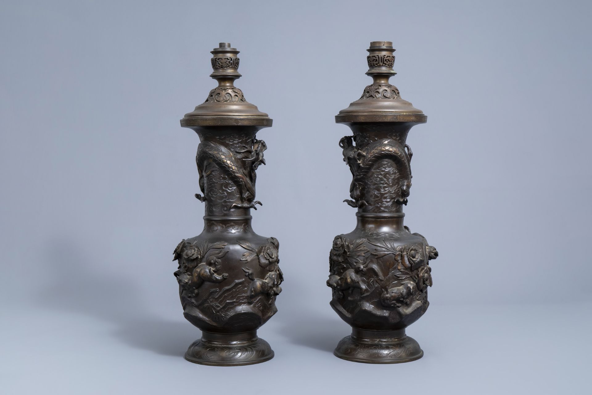 A pair of impressive Japanese partly gilt bronze vases with Gagneau mounts, Meiji, 19th C. - Image 3 of 40