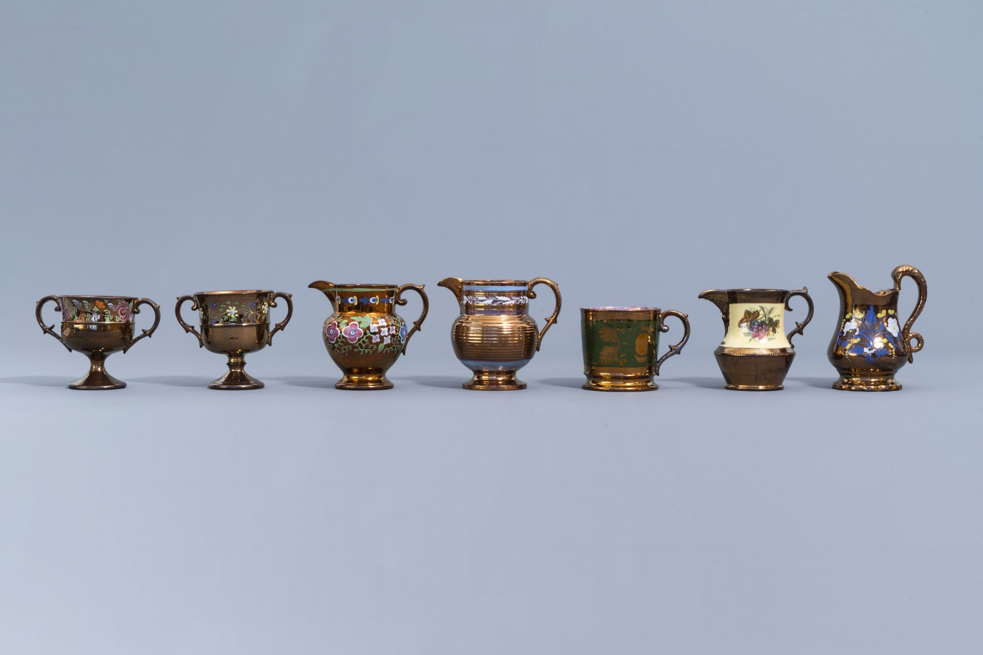 A varied collection of English lustreware items with polychrome floral design, 19th C. - Image 31 of 50