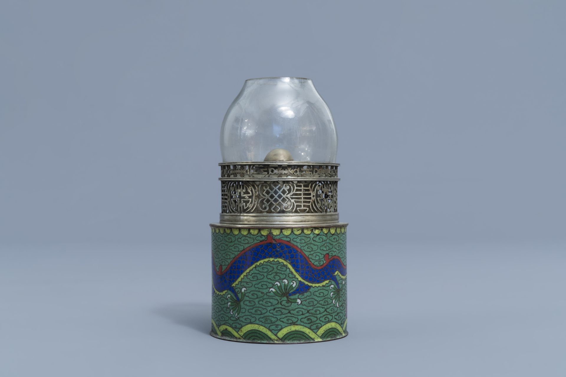 Two Chinese paktong and cloisonnŽ opium lamps with dragons and floral design, 19th C. - Image 4 of 17