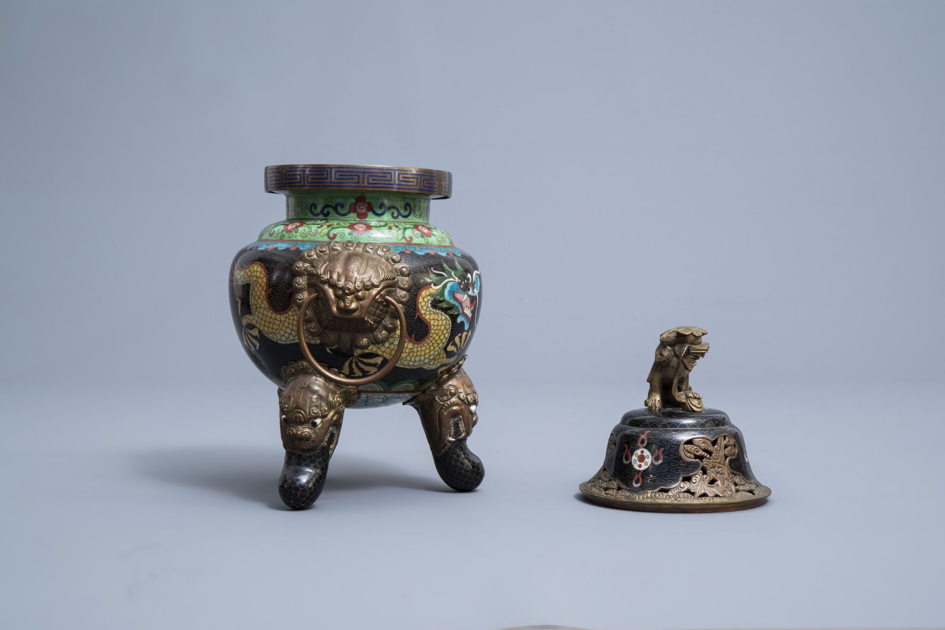 A Chinese cloisonne incense burner and two pairs of vases with dragon design, 20th C. - Image 9 of 19