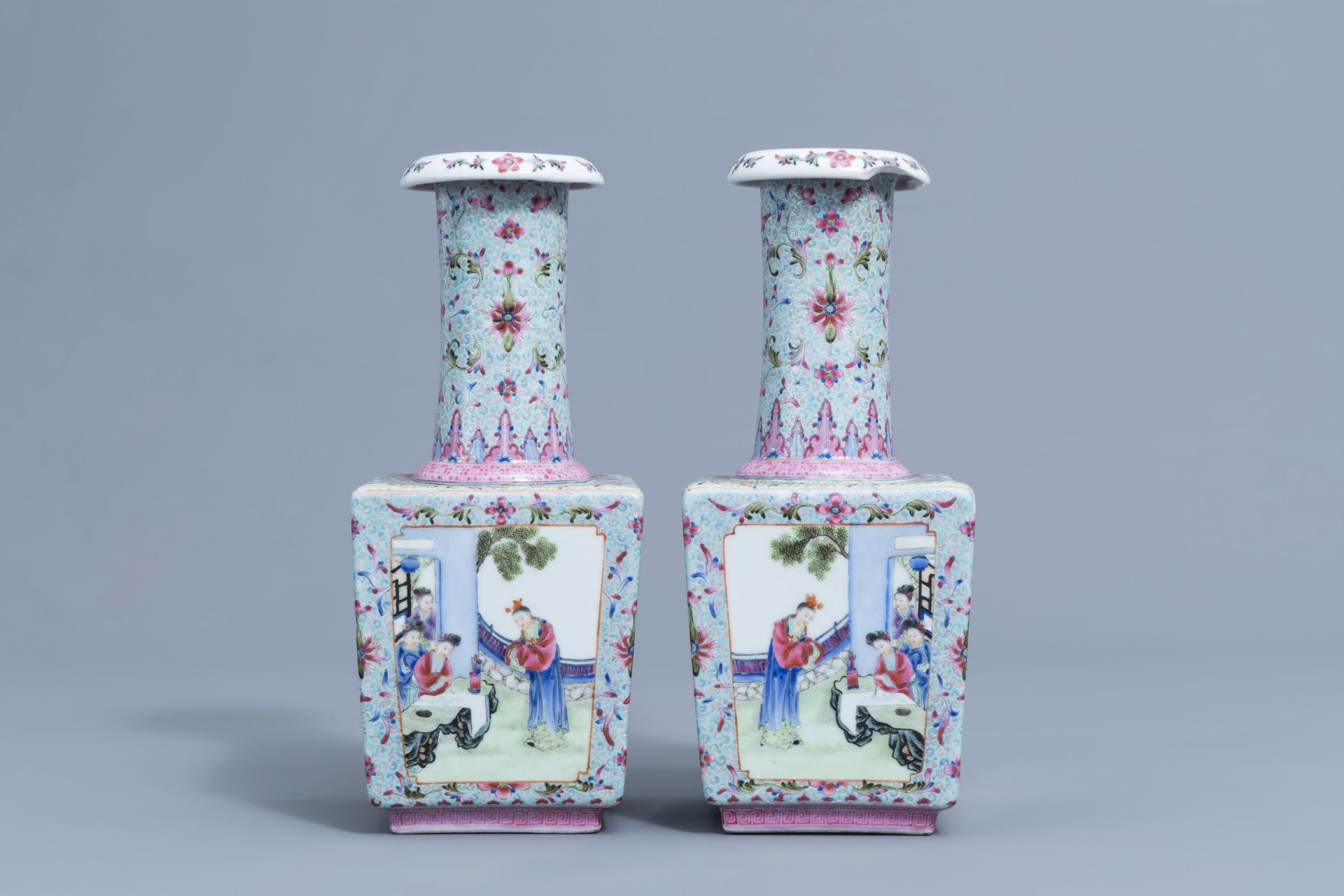 A pair of square Chinese famille rose bottle vases with ladies, Qianlong mark, 20th C. - Image 2 of 6