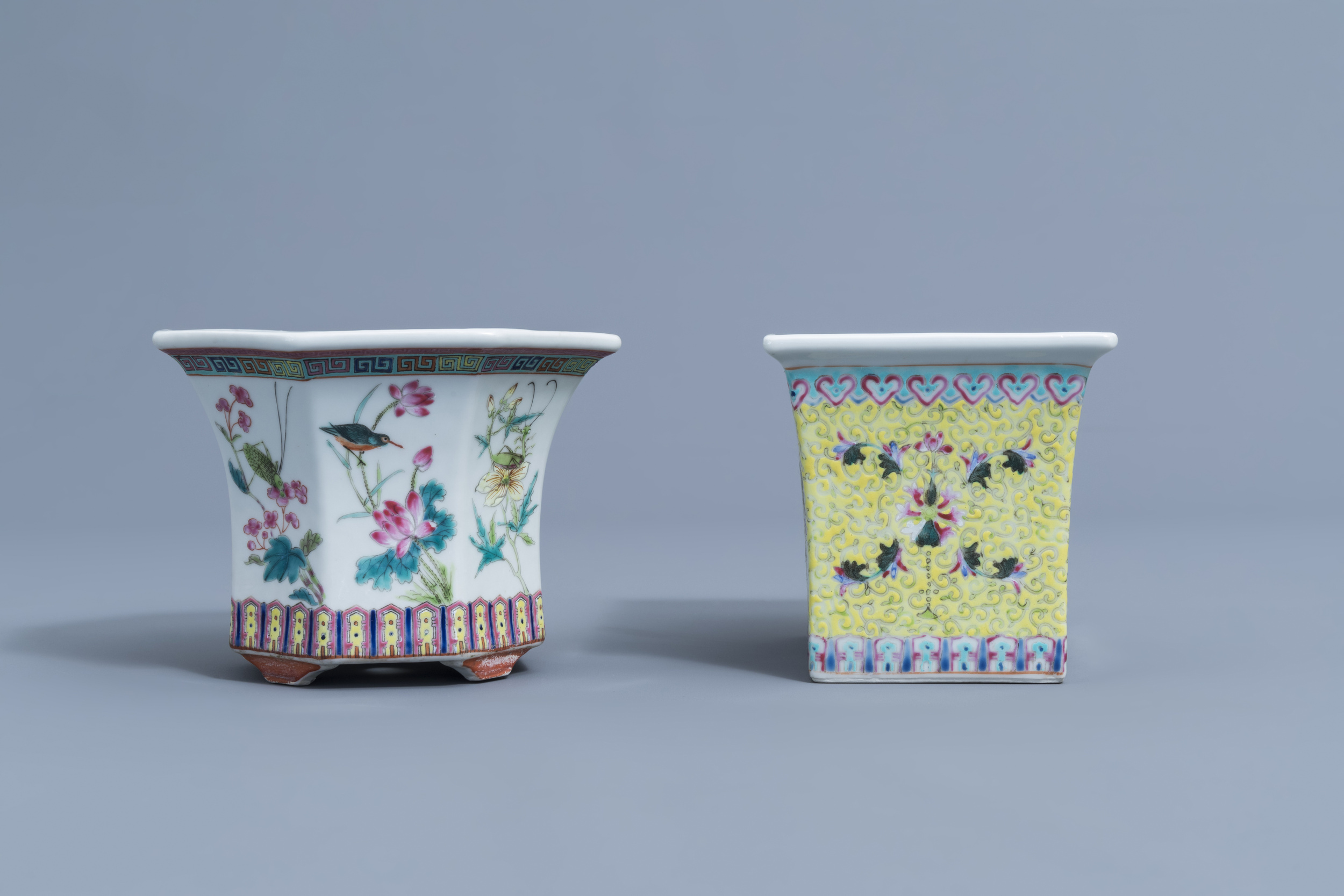 Two Chinese famille rose jardinires and a bowl with floral design, 20th C. - Image 5 of 15