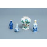 Three Chinese blue, white and famille rose miniature vases and a snuff bottle, Kangxi and later