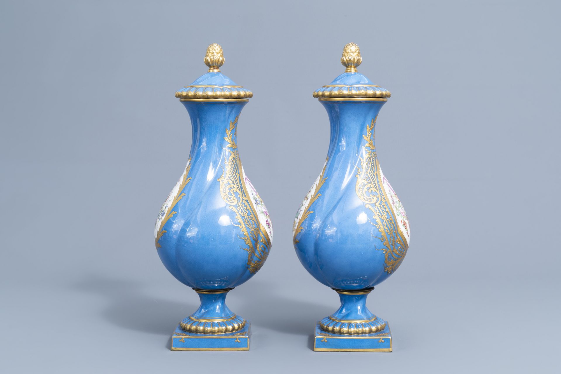 A pair of French 'bleu celeste' Svres manner vases and an Empire style centrepiece, 19th/20th C. - Image 6 of 28