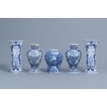 Five various Dutch Delft blue and white vases, 18th C.