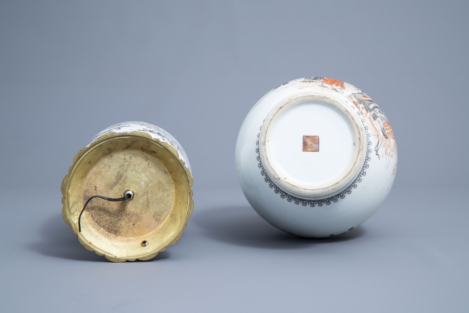 Two Chinese vases with immortals and a winter landscape mounted as lamps, 20th C. - Image 5 of 6