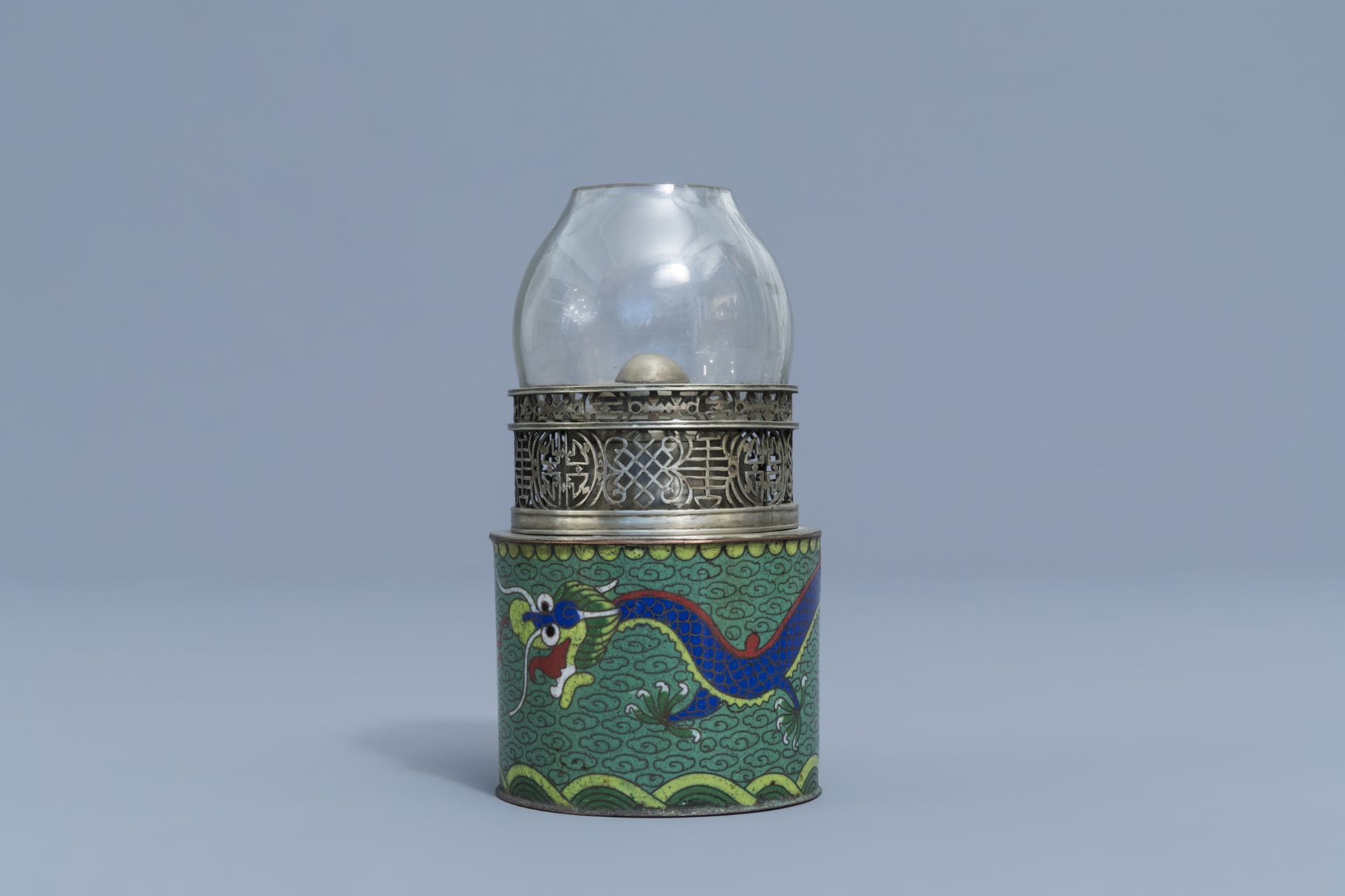 Two Chinese paktong and cloisonnŽ opium lamps with dragons and floral design, 19th C. - Image 5 of 17