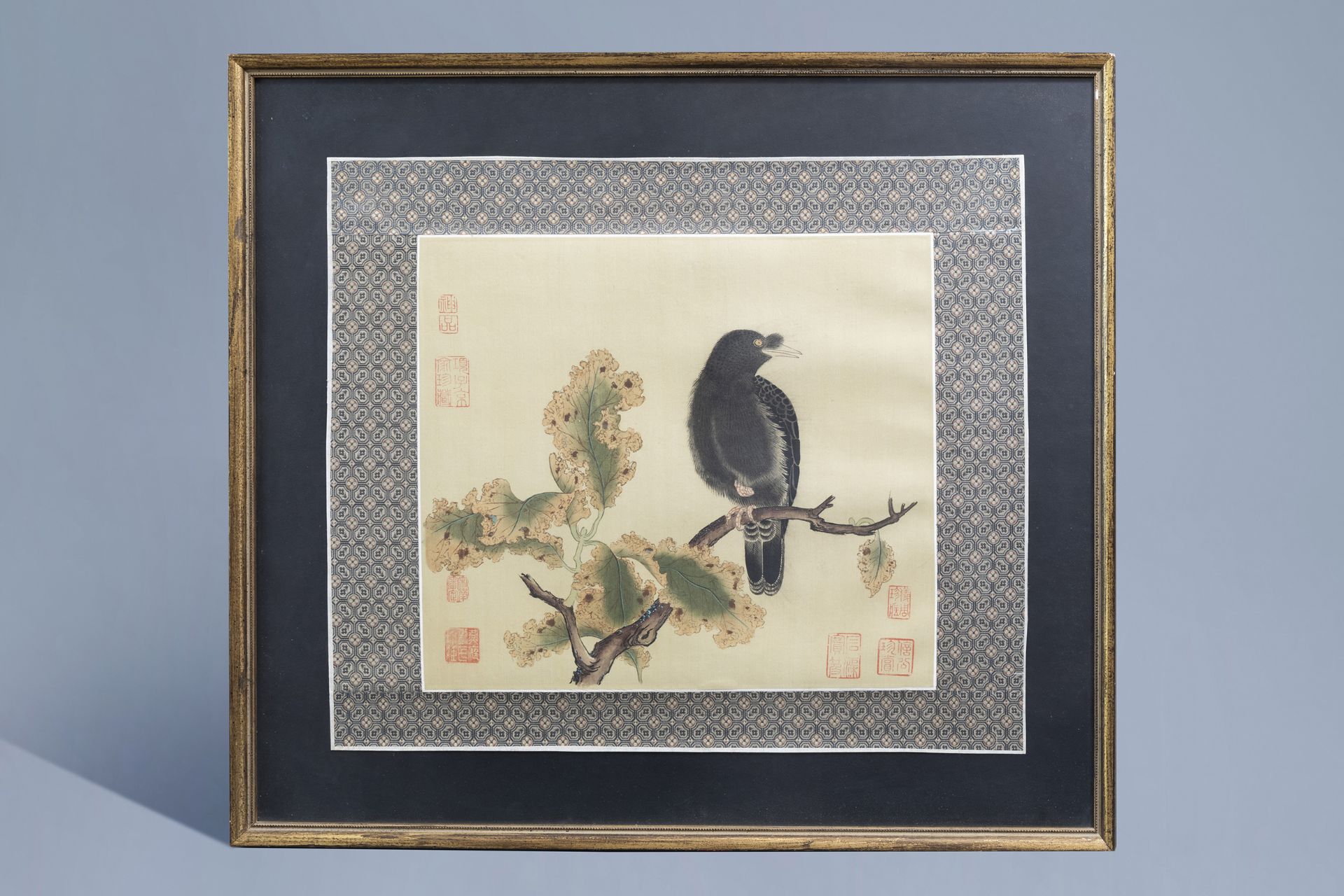 Chinese school, ink and colours on silk, 19th/20th C.: A bird on a branch - Image 2 of 9